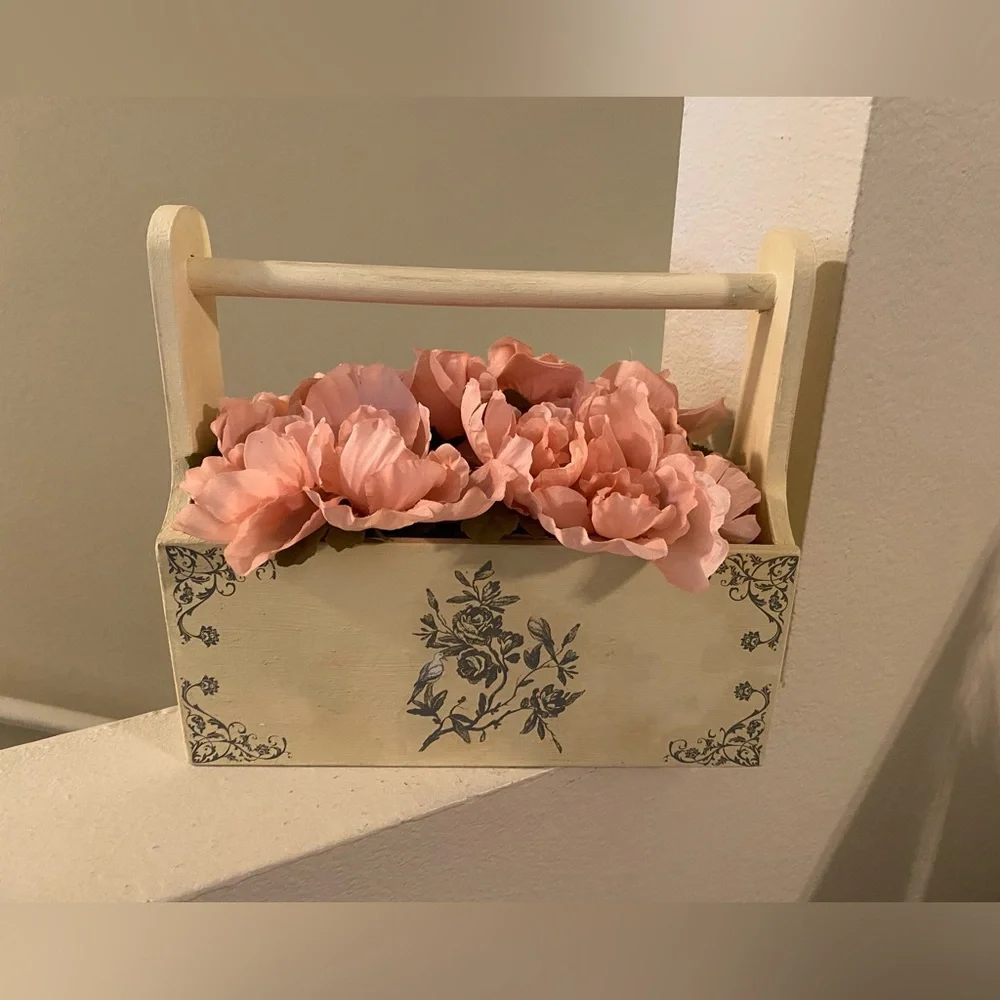 Painted Wooden Decorative Box with Handle and added transfers with Pink Flowers.